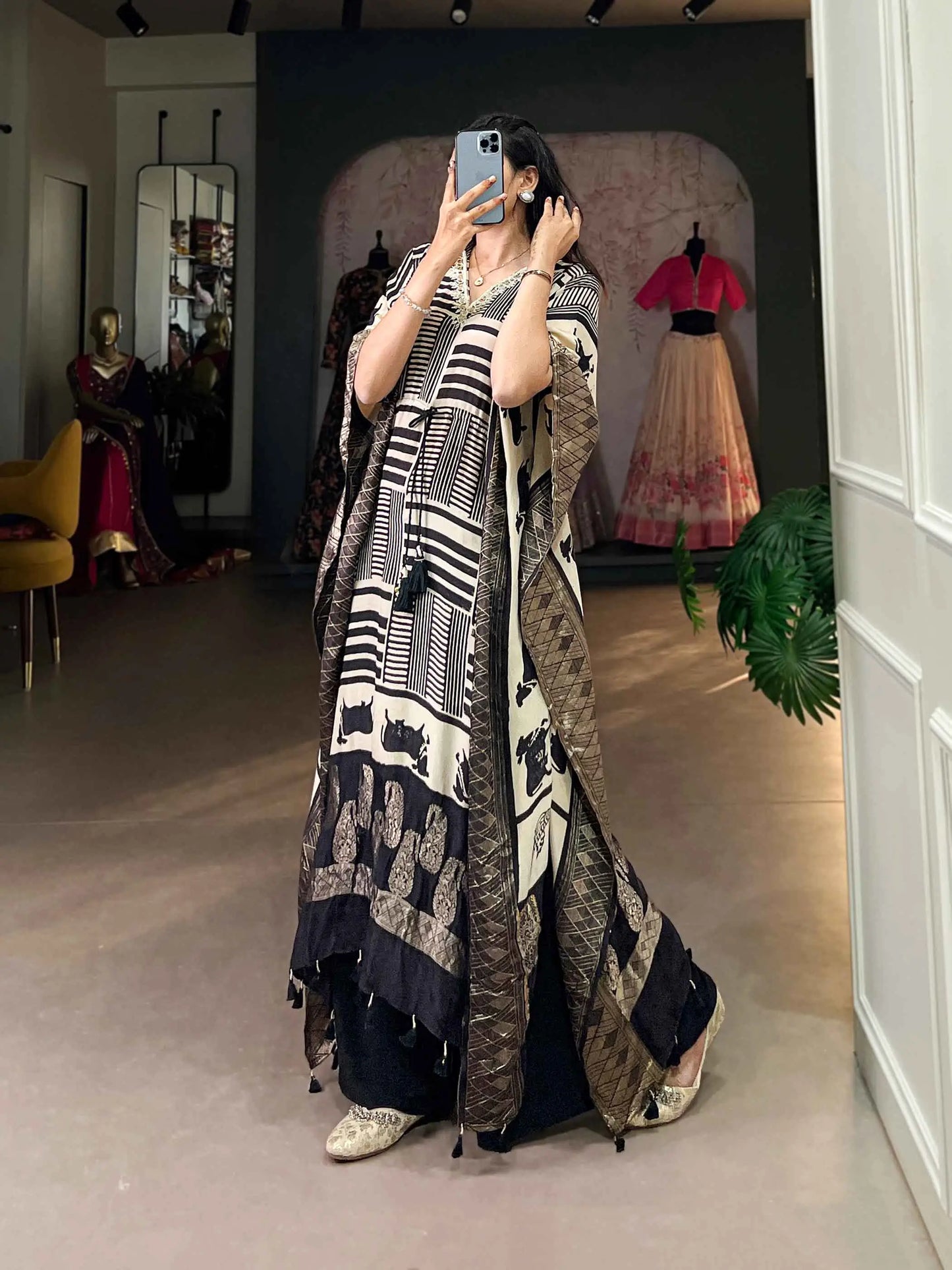 Cream Real Mirror And Hand Work With Zari Border Kaftan