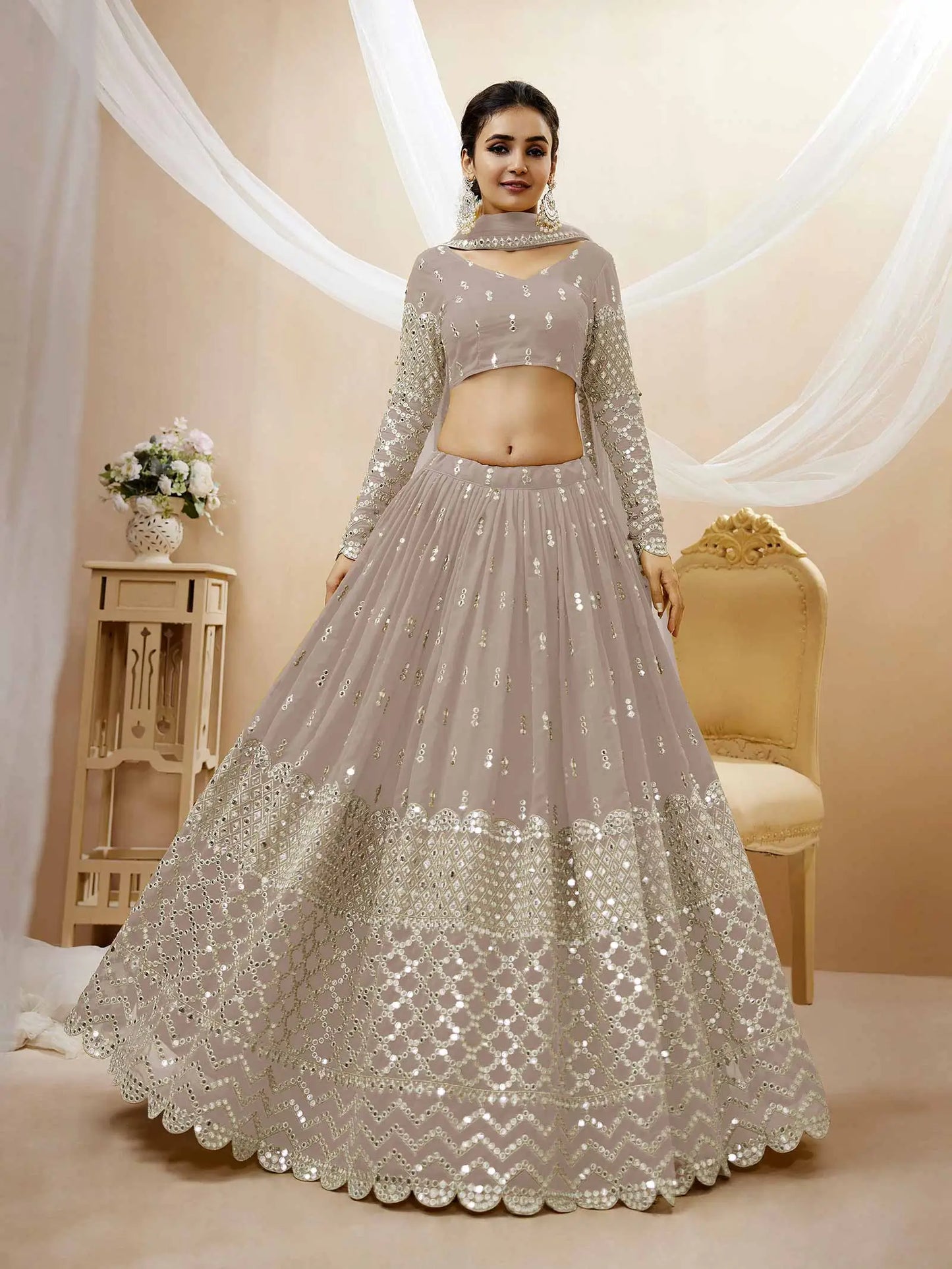 Grey Georgette Lehenga choli With Sequence And Zari Embroidery Work With Soft Net dupatta