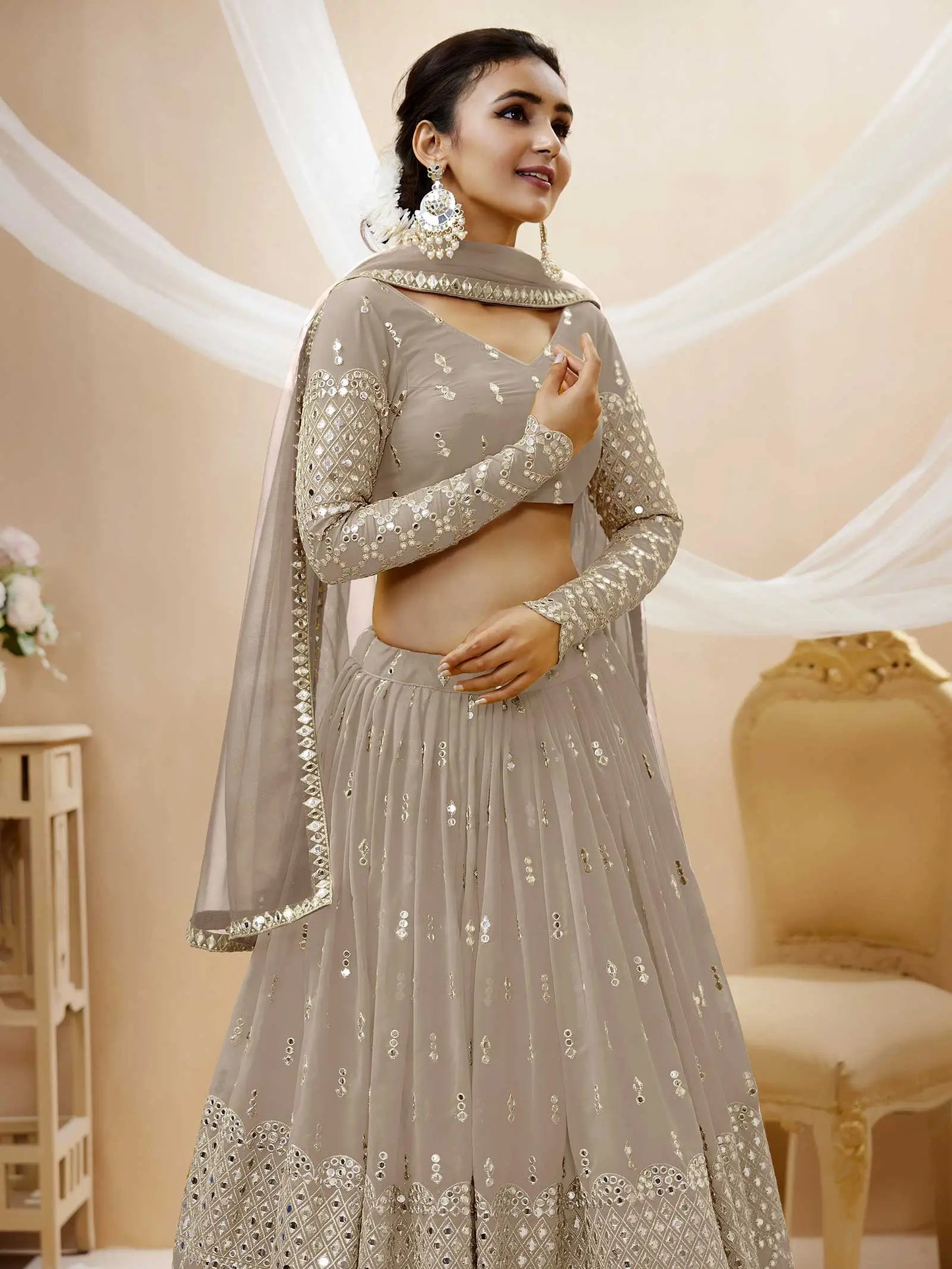 Grey Georgette Lehenga choli With Sequence And Zari Embroidery Work With Soft Net dupatta