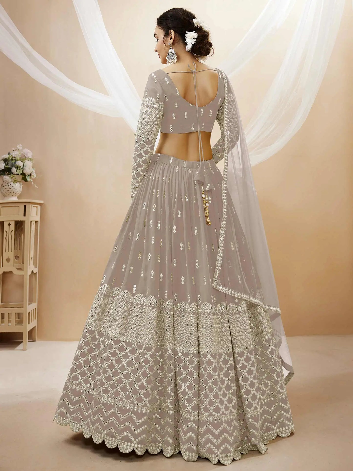 Grey Georgette Lehenga choli With Sequence And Zari Embroidery Work With Soft Net dupatta