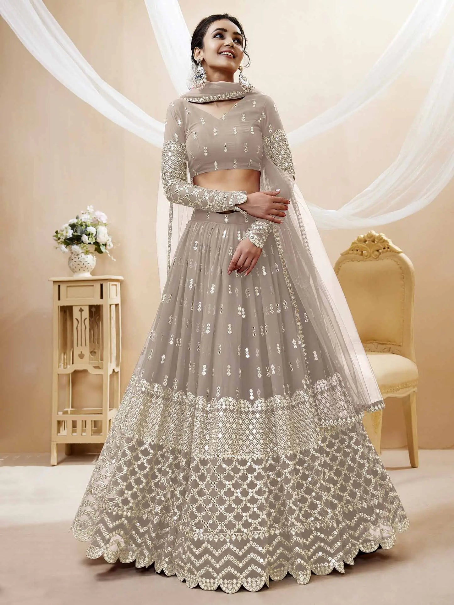 Grey Georgette Lehenga choli With Sequence And Zari Embroidery Work With Soft Net dupatta