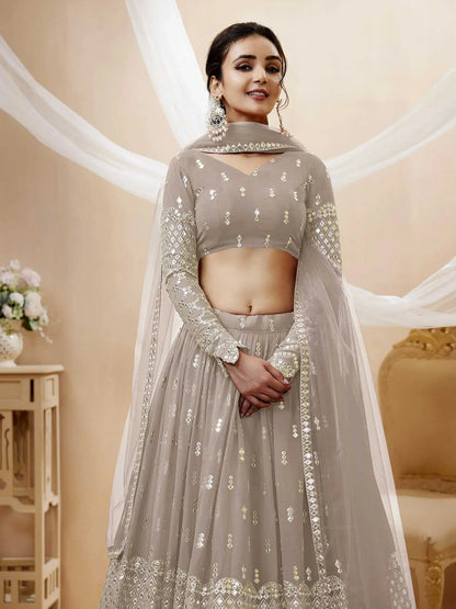 Grey Georgette Lehenga choli With Sequence And Zari Embroidery Work With Soft Net dupatta