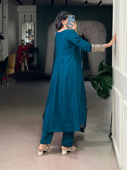 Dark Teal Roman Silk Embroidery Salwar Suit