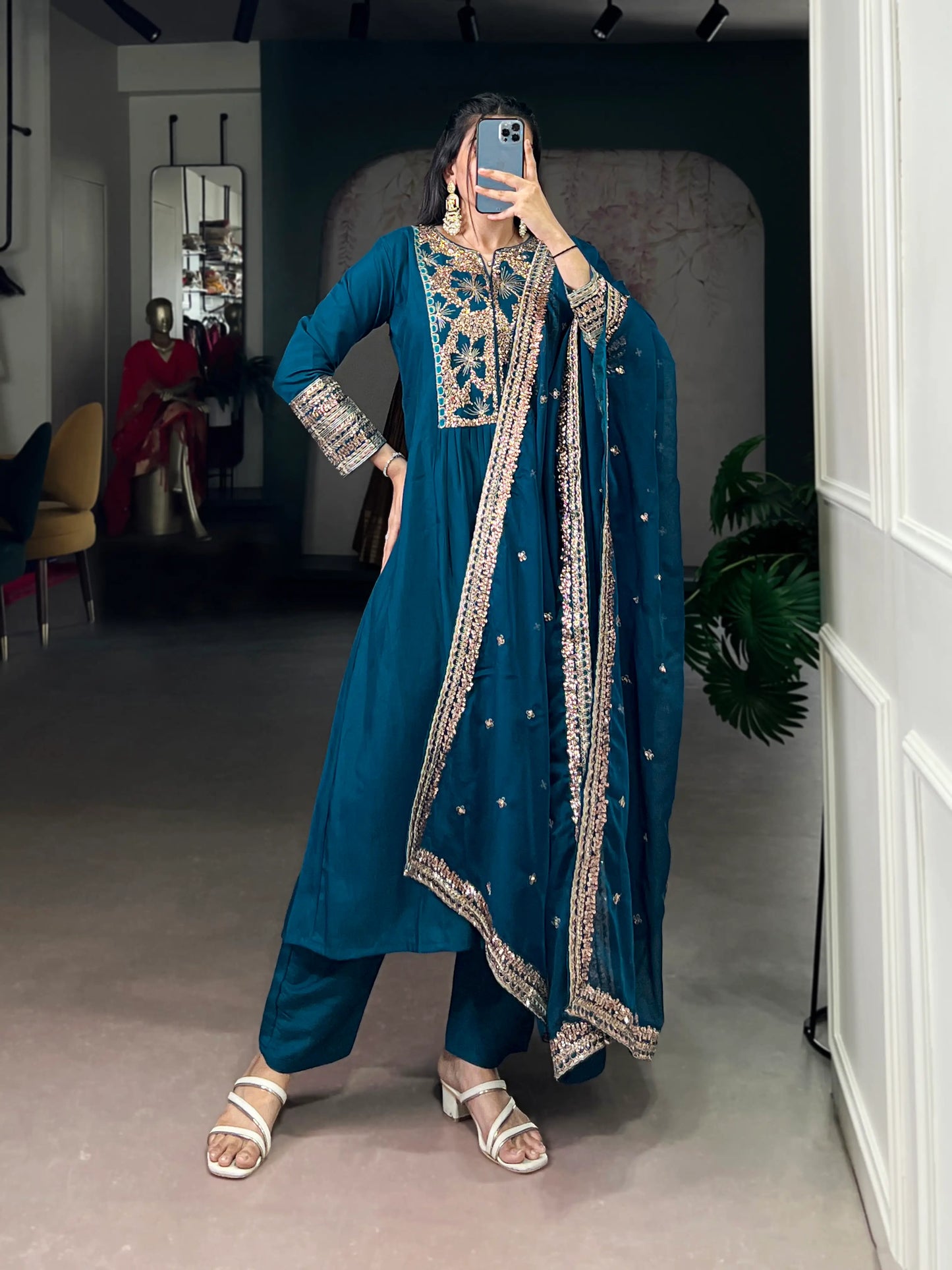 Dark Teal Roman Silk Embroidery Salwar Suit