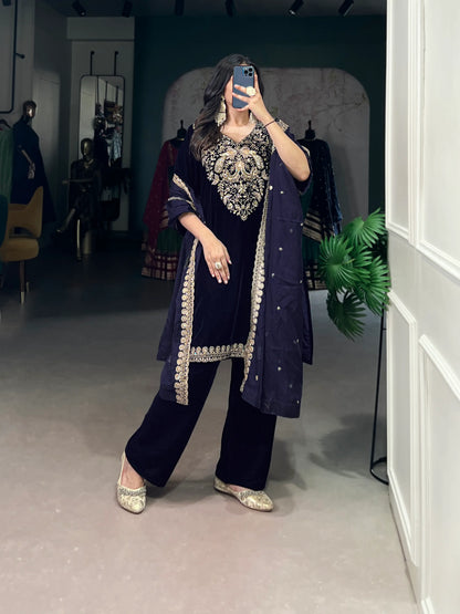 Navy Blue Velvet Sequins & Embroidery Work Salwar Suit