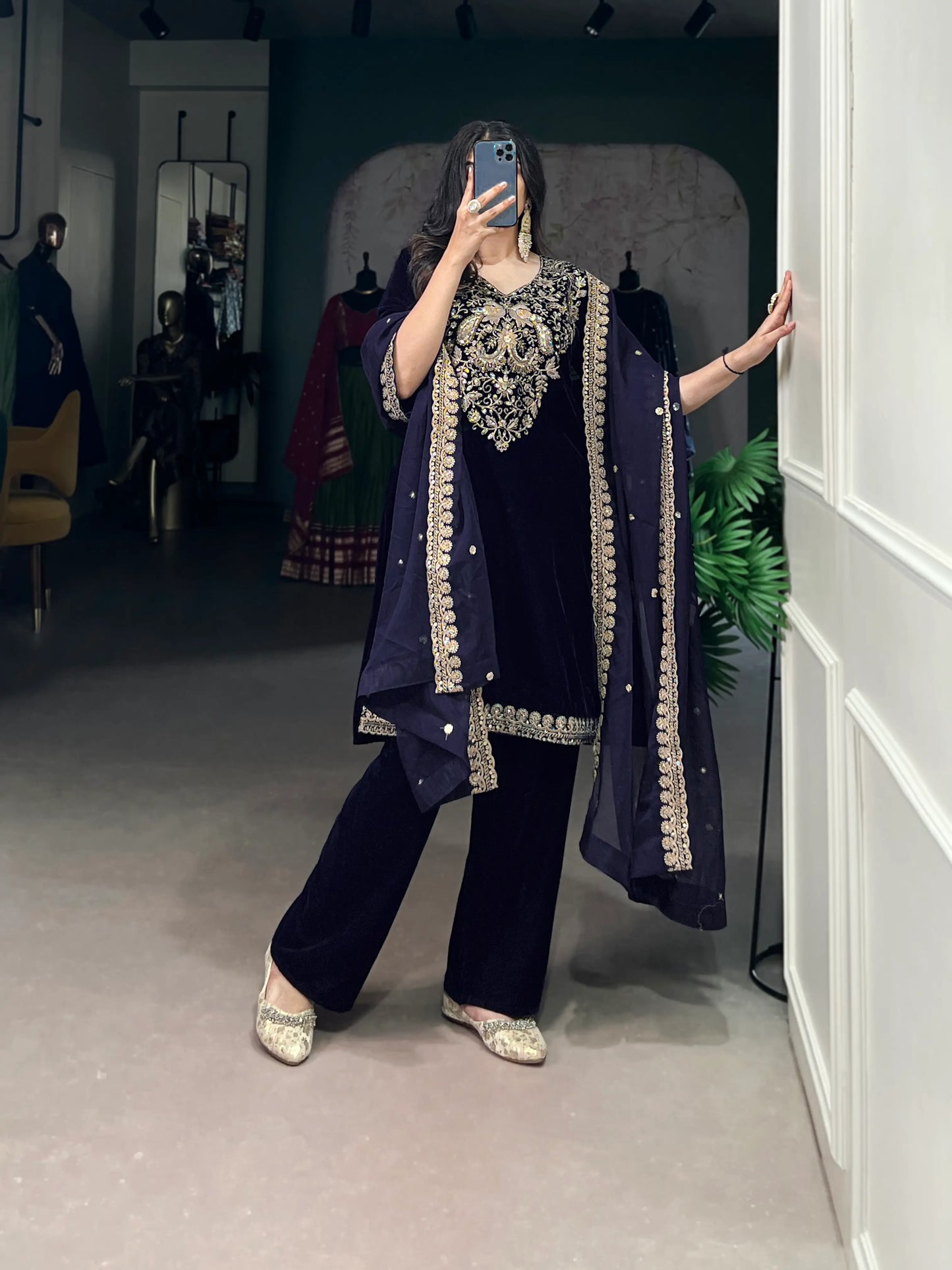 Navy Blue Velvet Sequins & Embroidery Work Salwar Suit