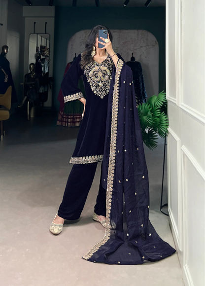 Navy Blue Velvet Sequins & Embroidery Work Salwar Suit