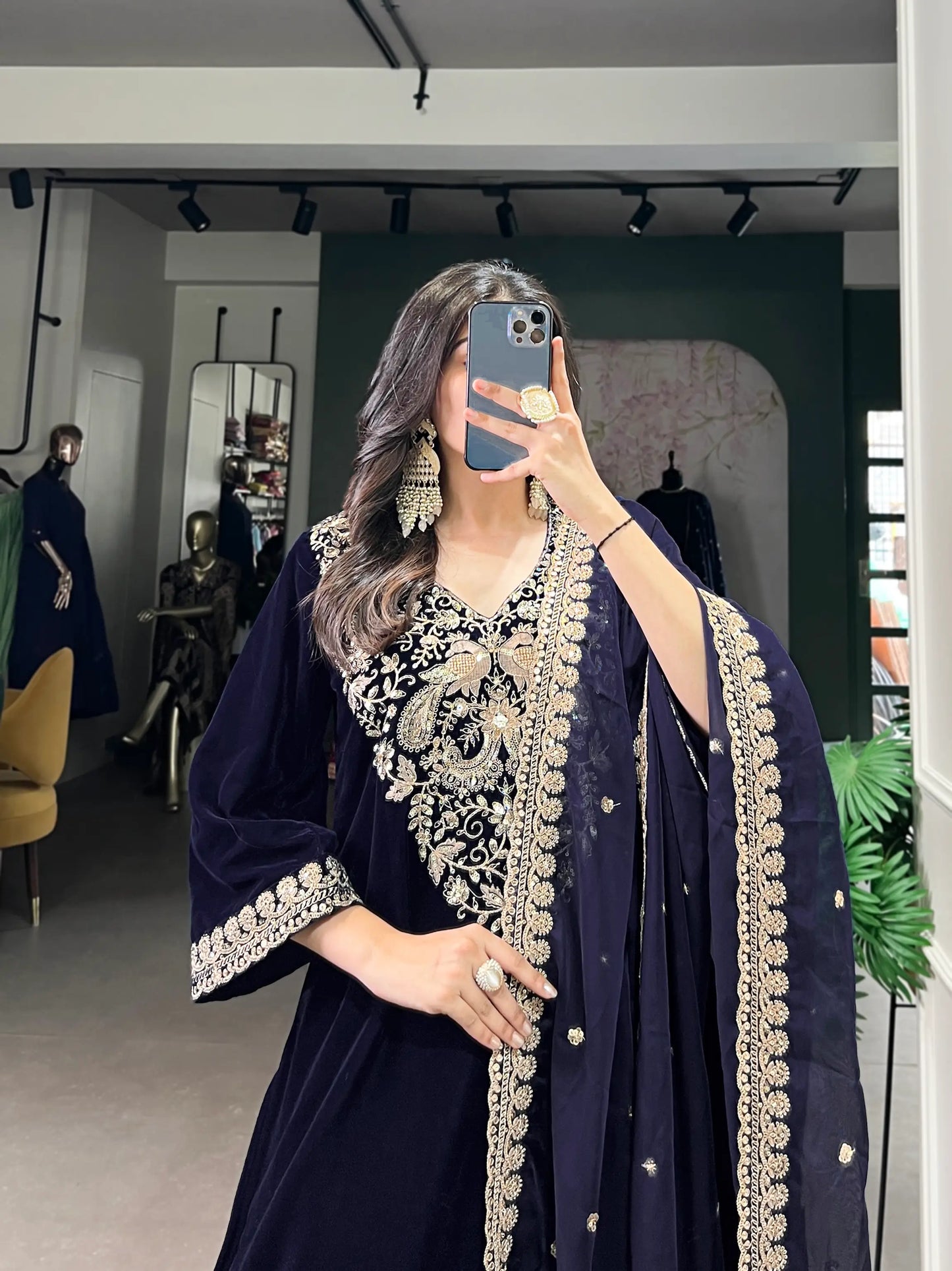 Navy Blue Velvet Sequins & Embroidery Work Salwar Suit