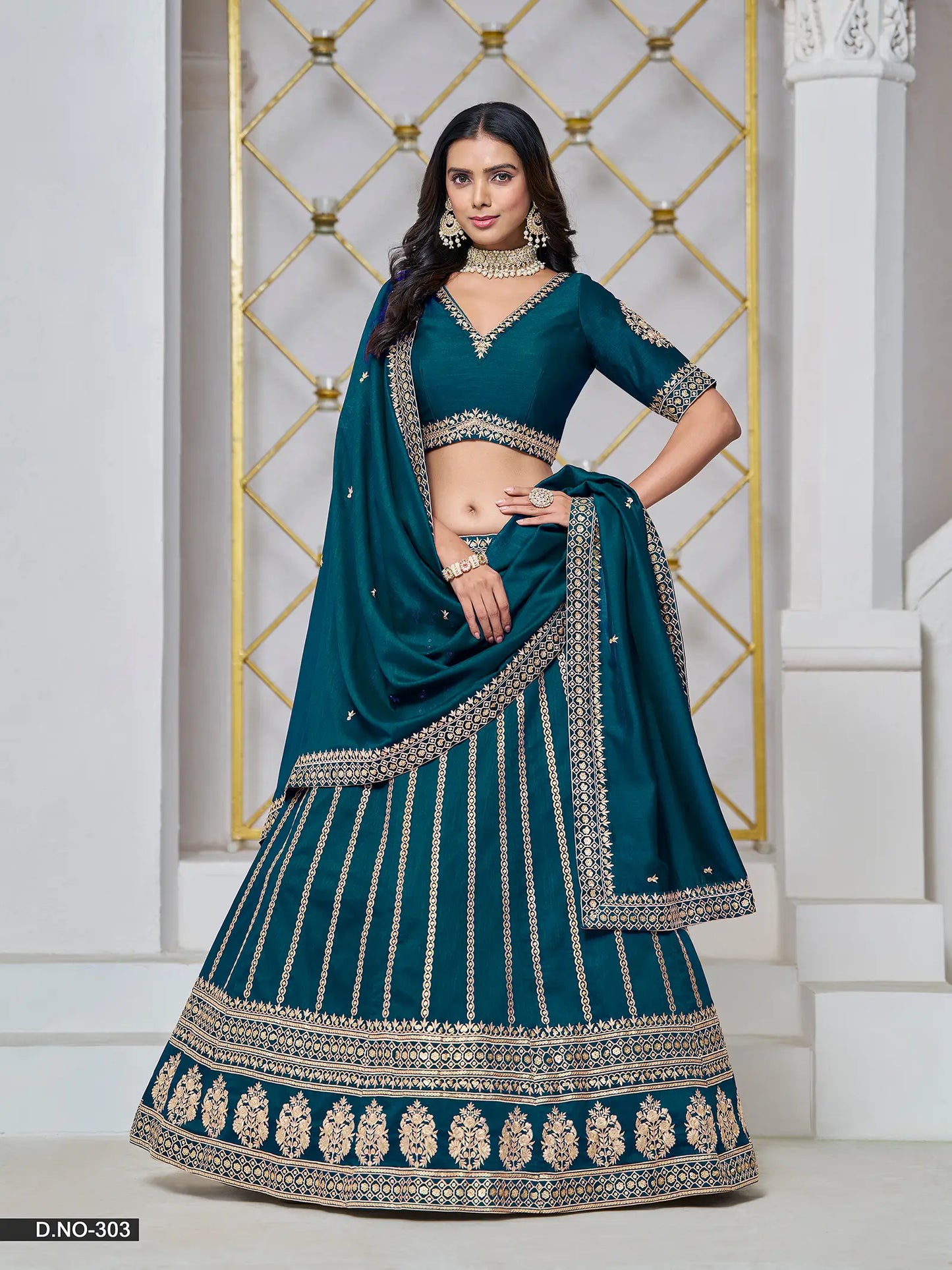 Dark Teal Designer Art Silk Lehenga Choli With Thread And Sequins Work