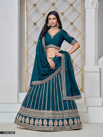 Dark Teal Designer Art Silk Lehenga Choli With Thread And Sequins Work