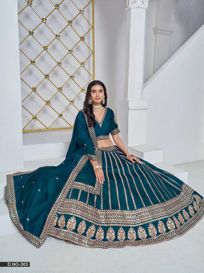 Dark Teal Designer Art Silk Lehenga Choli With Thread And Sequins Work