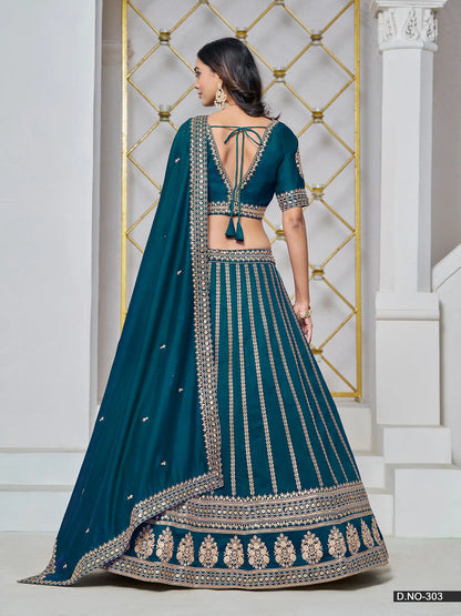 Dark Teal Designer Art Silk Lehenga Choli With Thread And Sequins Work