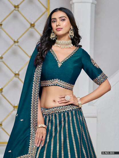 Dark Teal Designer Art Silk Lehenga Choli With Thread And Sequins Work