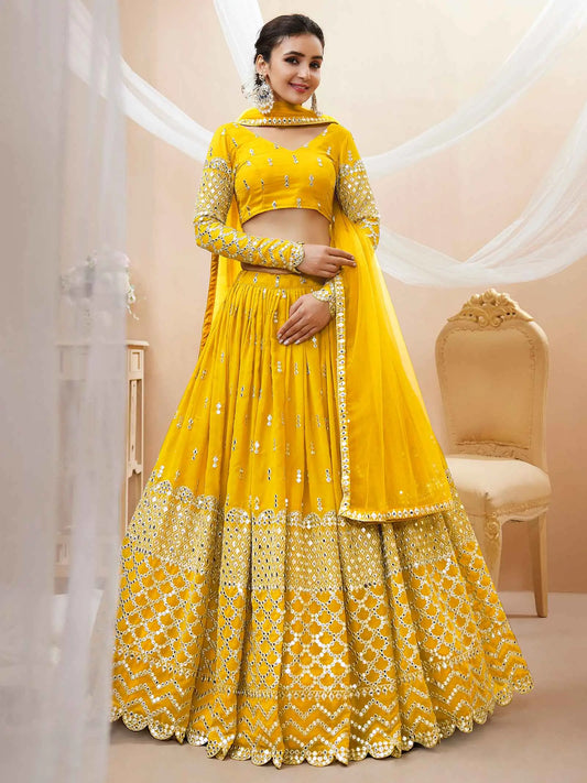 Yellow Lehenga choli With Sequence And Zari Embroidery Work With Soft Net dupatta