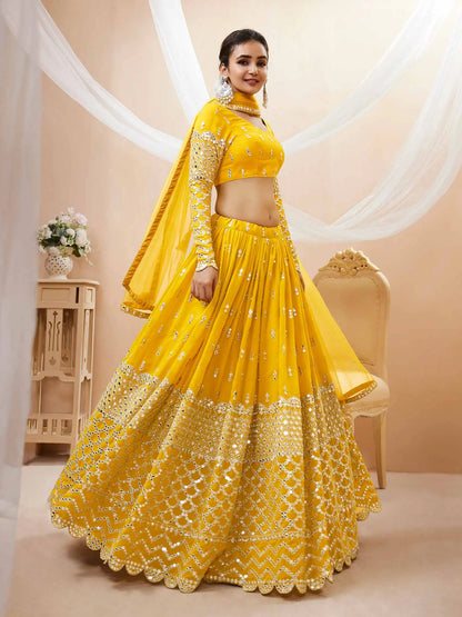 Yellow Lehenga choli With Sequence And Zari Embroidery Work With Soft Net dupatta