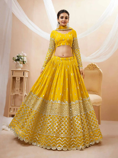 Yellow Lehenga choli With Sequence And Zari Embroidery Work With Soft Net dupatta