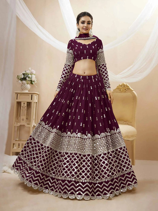 Wine Colored Georgette Lehenga  With Sequence And Zari Embroidery Work