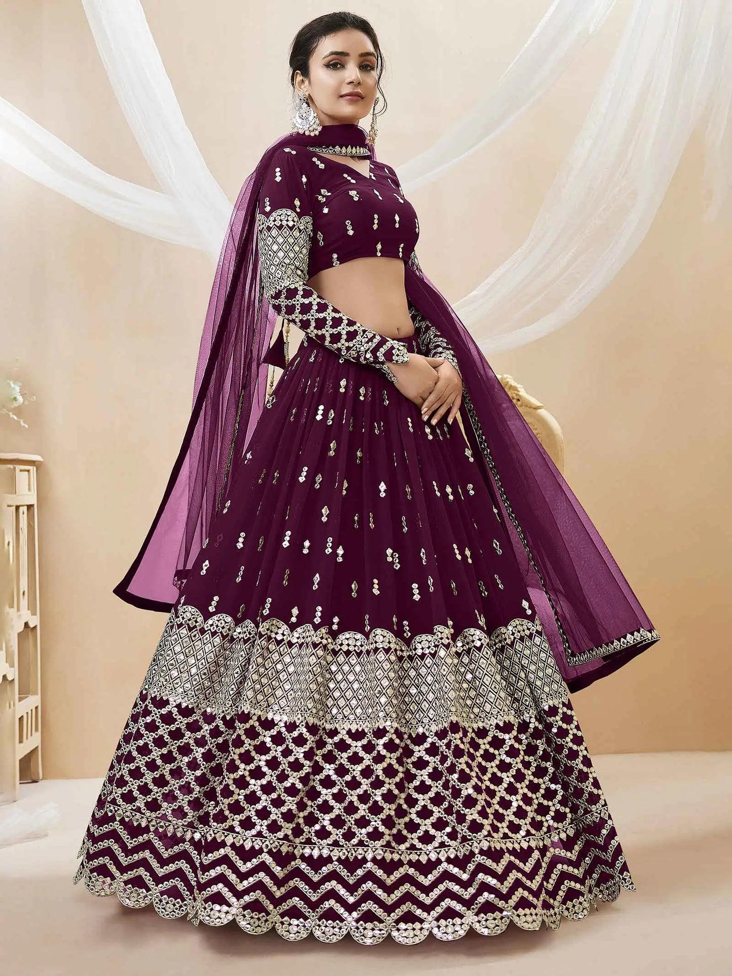 Wine Colored Georgette Lehenga  With Sequence And Zari Embroidery Work