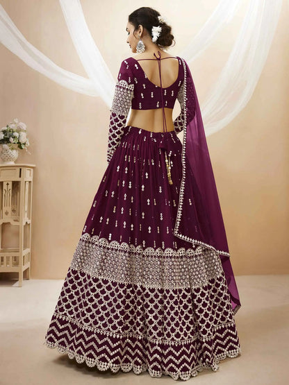 Wine Colored Georgette Lehenga  With Sequence And Zari Embroidery Work