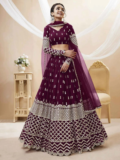 Wine Colored Georgette Lehenga  With Sequence And Zari Embroidery Work