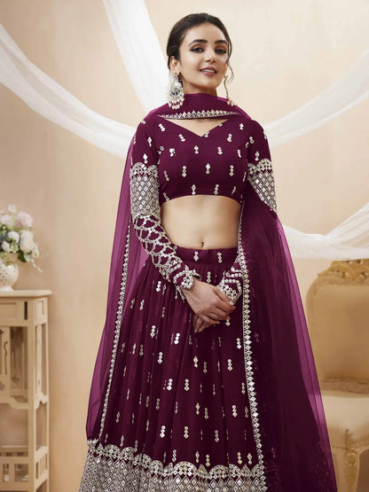 Wine Colored Georgette Lehenga  With Sequence And Zari Embroidery Work