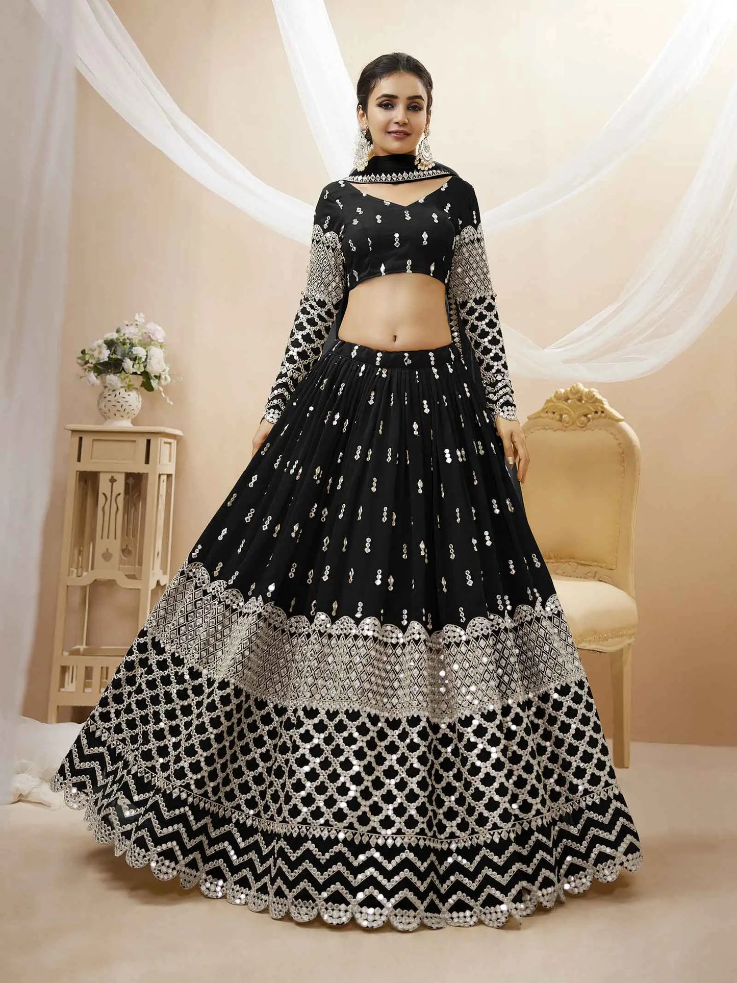 Beauty In Black Georgette Lehenga choli With Sequence And Zari Embroidery Work With Soft Net dupatta