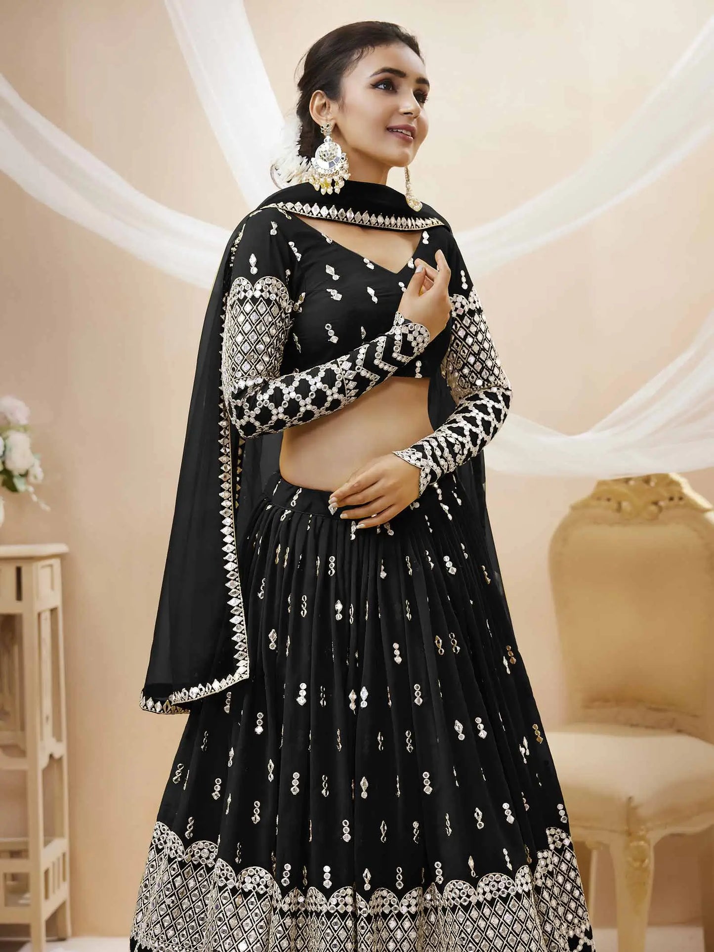 Beauty In Black Georgette Lehenga choli With Sequence And Zari Embroidery Work With Soft Net dupatta