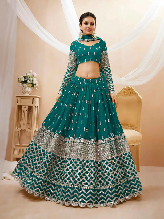 Teal Blue Georgette Lehenga  With Sequence And Zari Embroidery Work