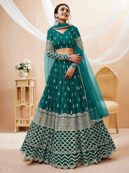 Teal Blue Georgette Lehenga  With Sequence And Zari Embroidery Work