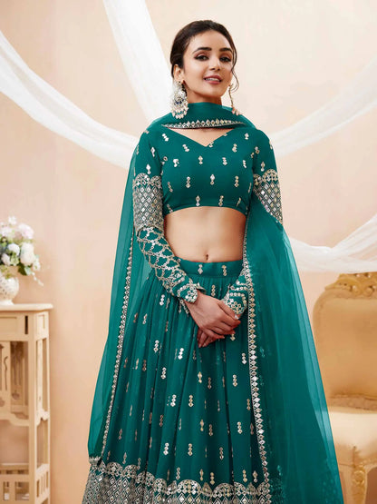 Teal Blue Georgette Lehenga  With Sequence And Zari Embroidery Work