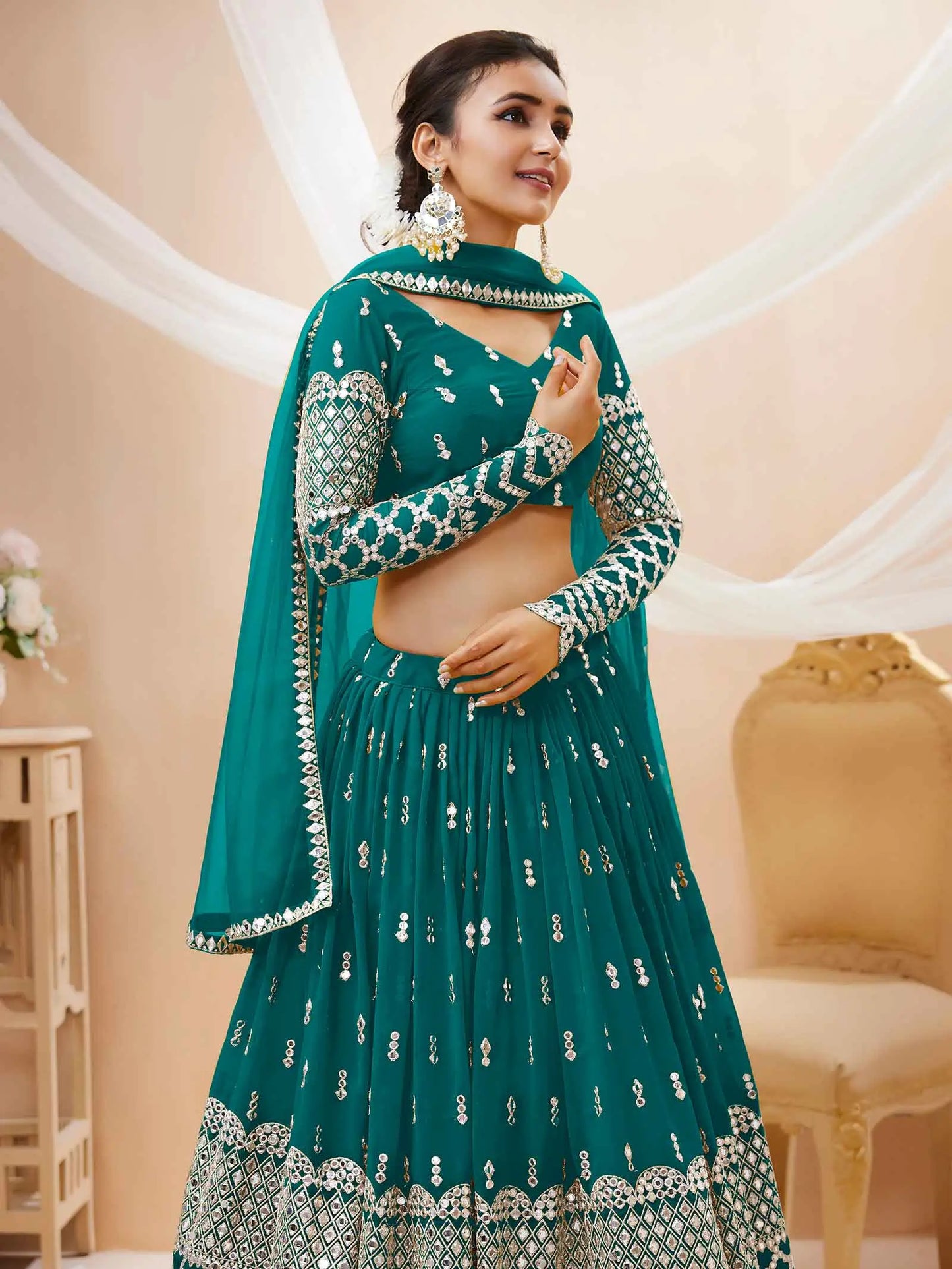 Teal Blue Georgette Lehenga  With Sequence And Zari Embroidery Work