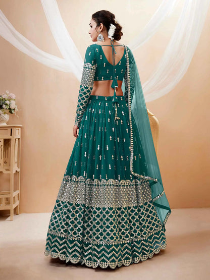 Teal Blue Georgette Lehenga  With Sequence And Zari Embroidery Work