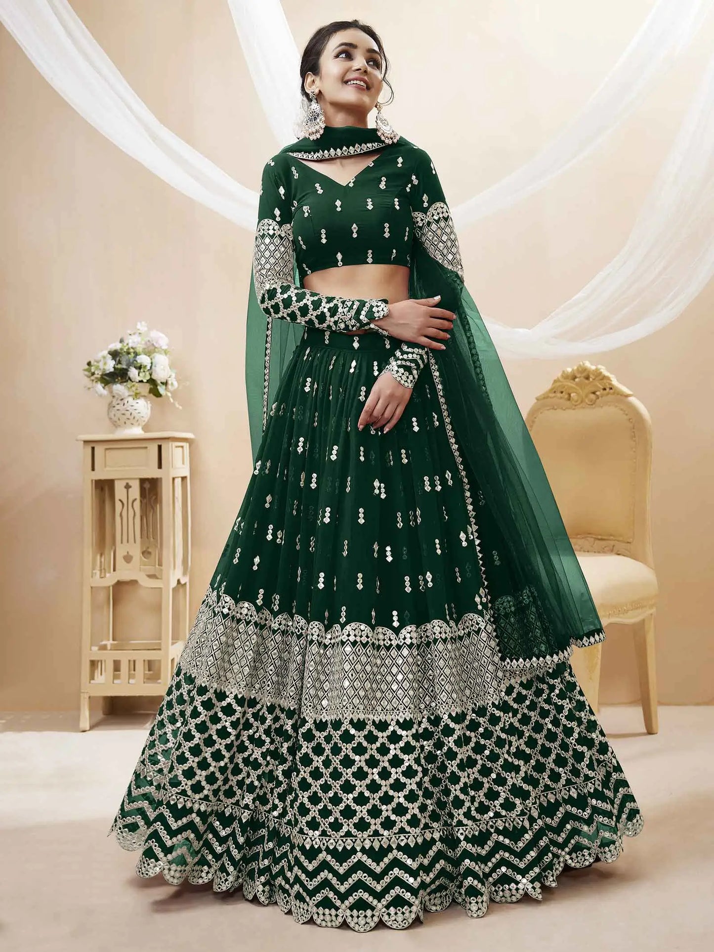 Green Georgette Lehenga  With Sequence Embroidery Work with Dupatta