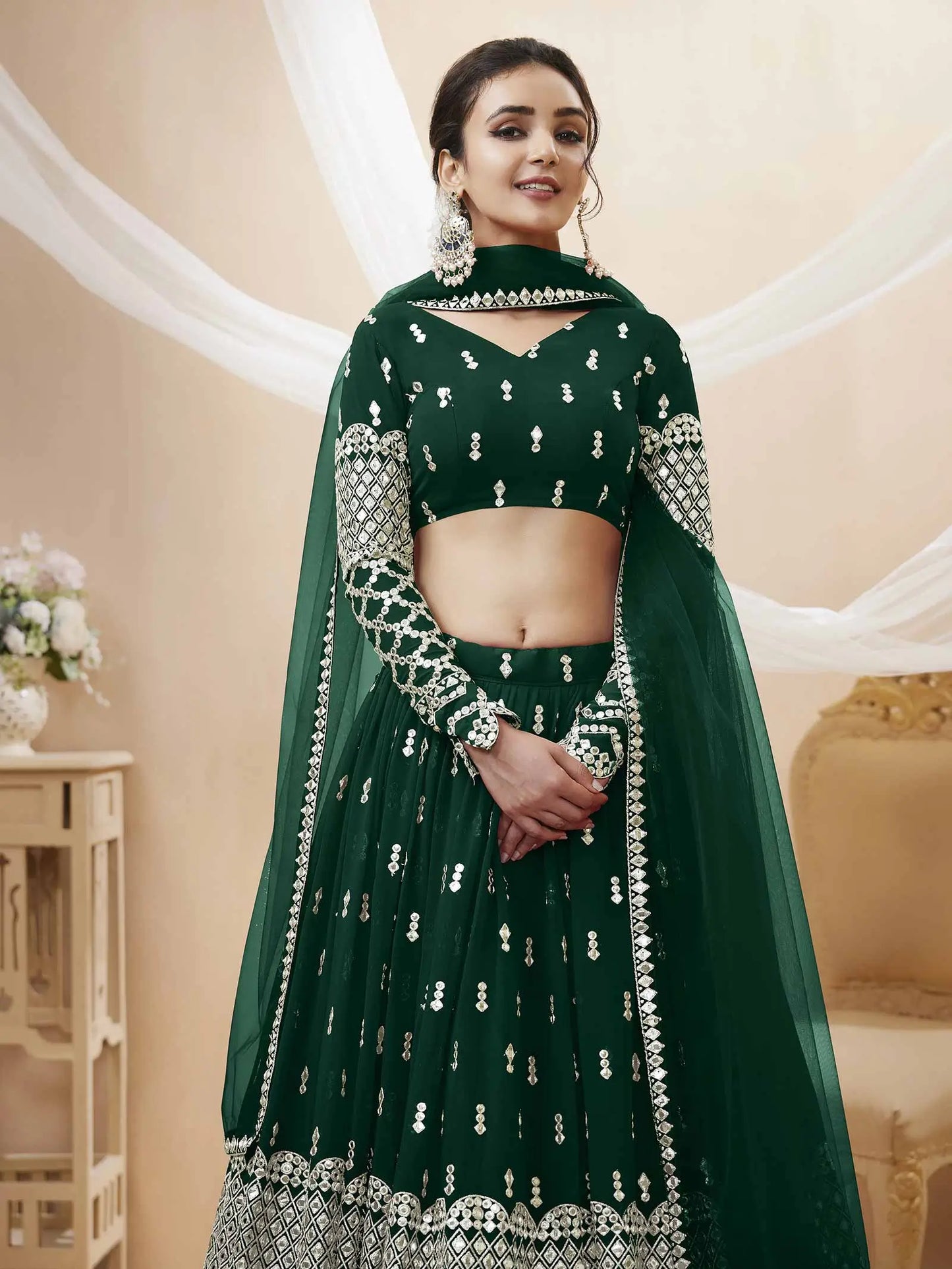 Green Georgette Lehenga  With Sequence Embroidery Work with Dupatta