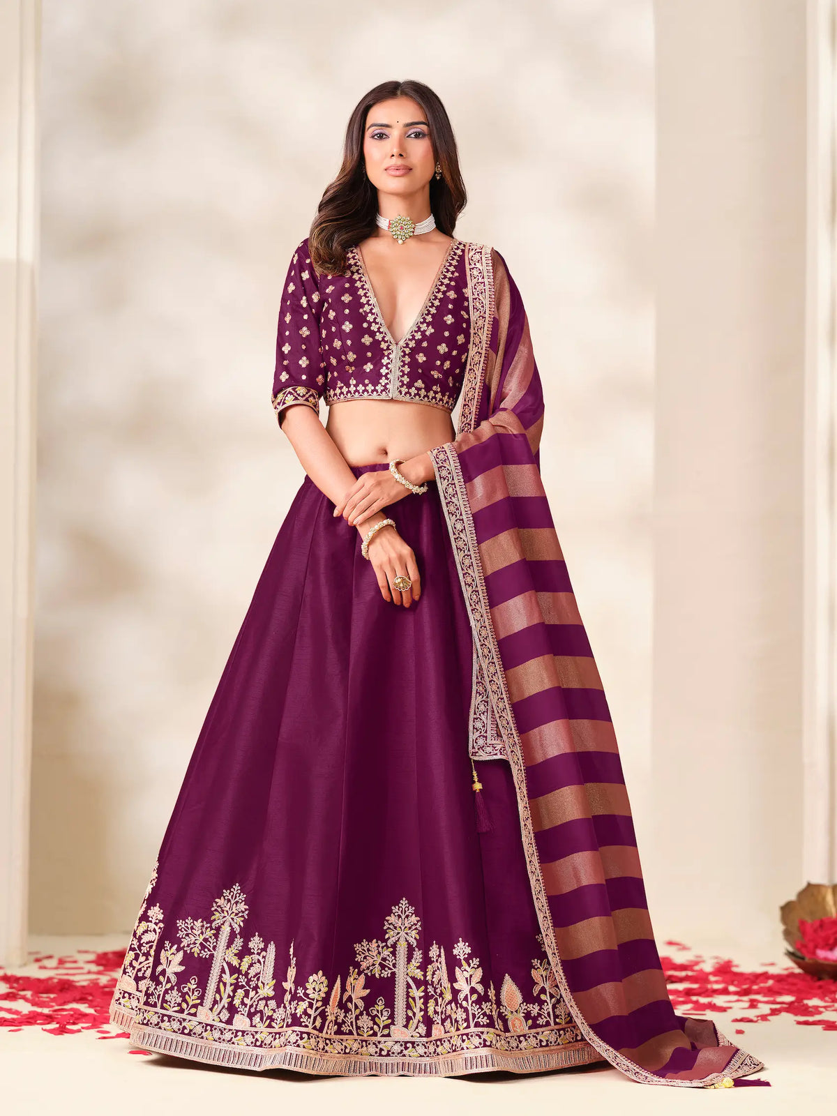 Wine Silk Embroidered Lehenga choli
