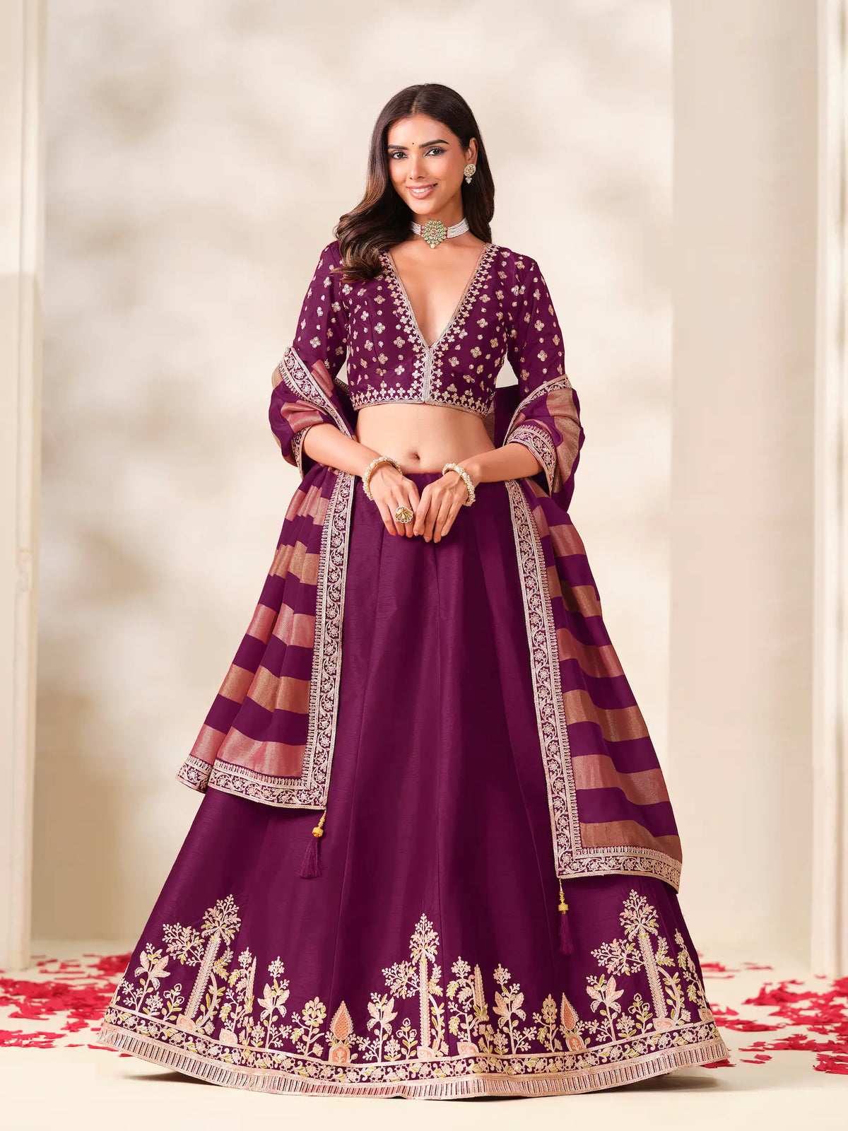 Wine Silk Embroidered Lehenga choli