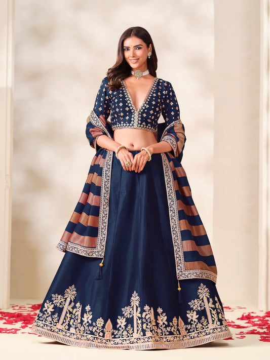 Navy Blue Silk Embroidered Lehenga choli