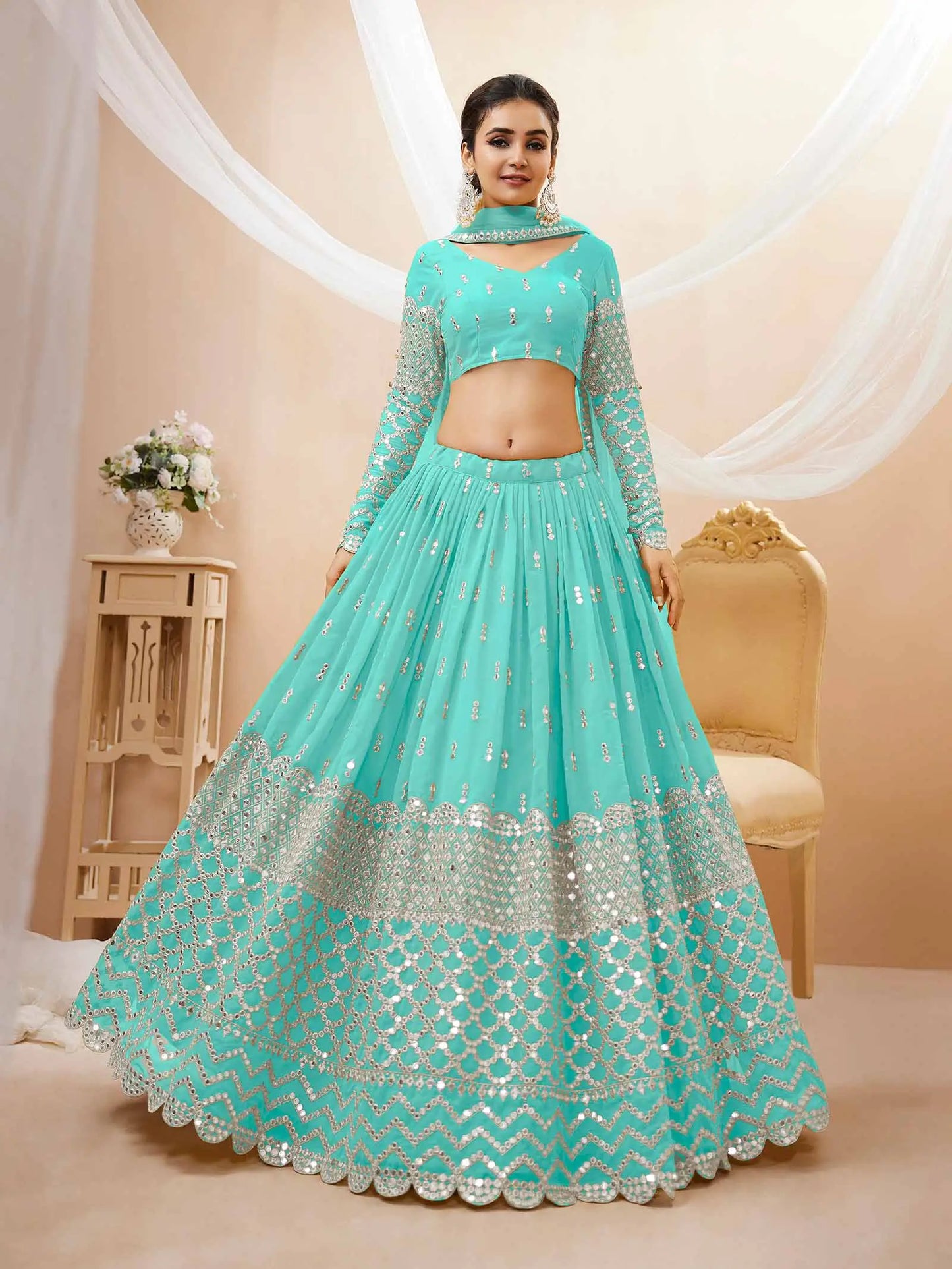 Sky Blue Georgette Lehenga With Sequence And Zari Embroidery Work With Soft Net dupatta