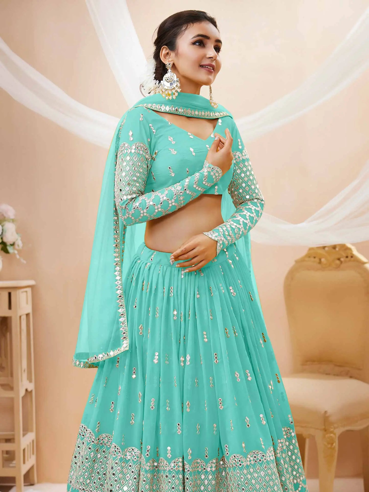 Sky Blue Georgette Lehenga With Sequence And Zari Embroidery Work With Soft Net dupatta