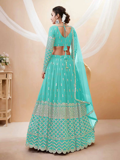 Sky Blue Georgette Lehenga With Sequence And Zari Embroidery Work With Soft Net dupatta