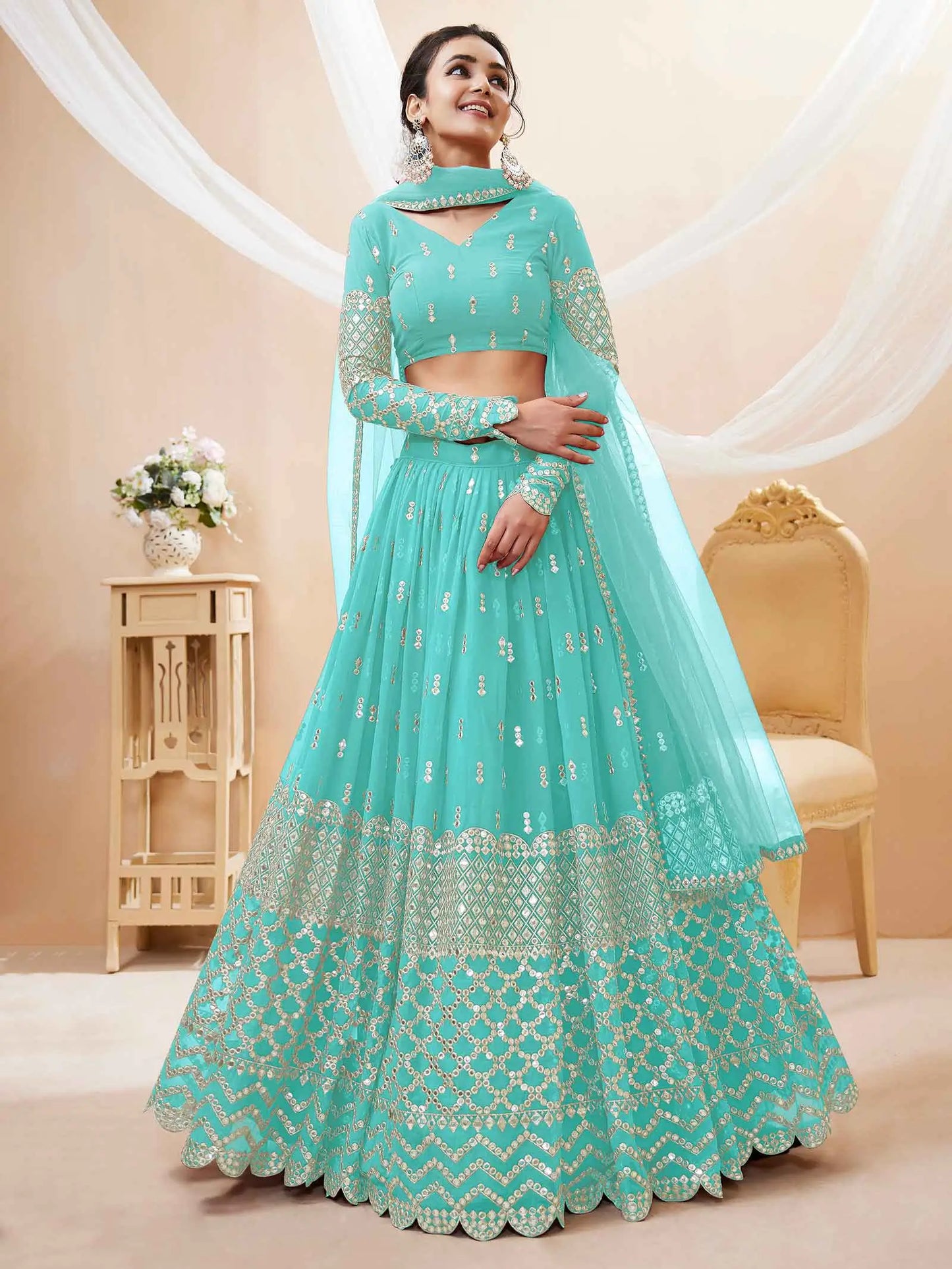 Sky Blue Georgette Lehenga With Sequence And Zari Embroidery Work With Soft Net dupatta