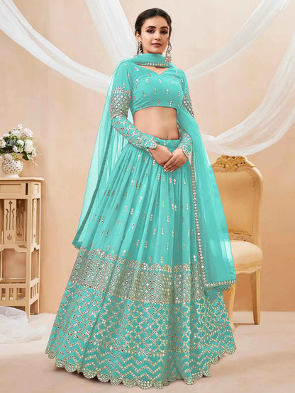 Sky Blue Georgette Lehenga With Sequence And Zari Embroidery Work With Soft Net dupatta