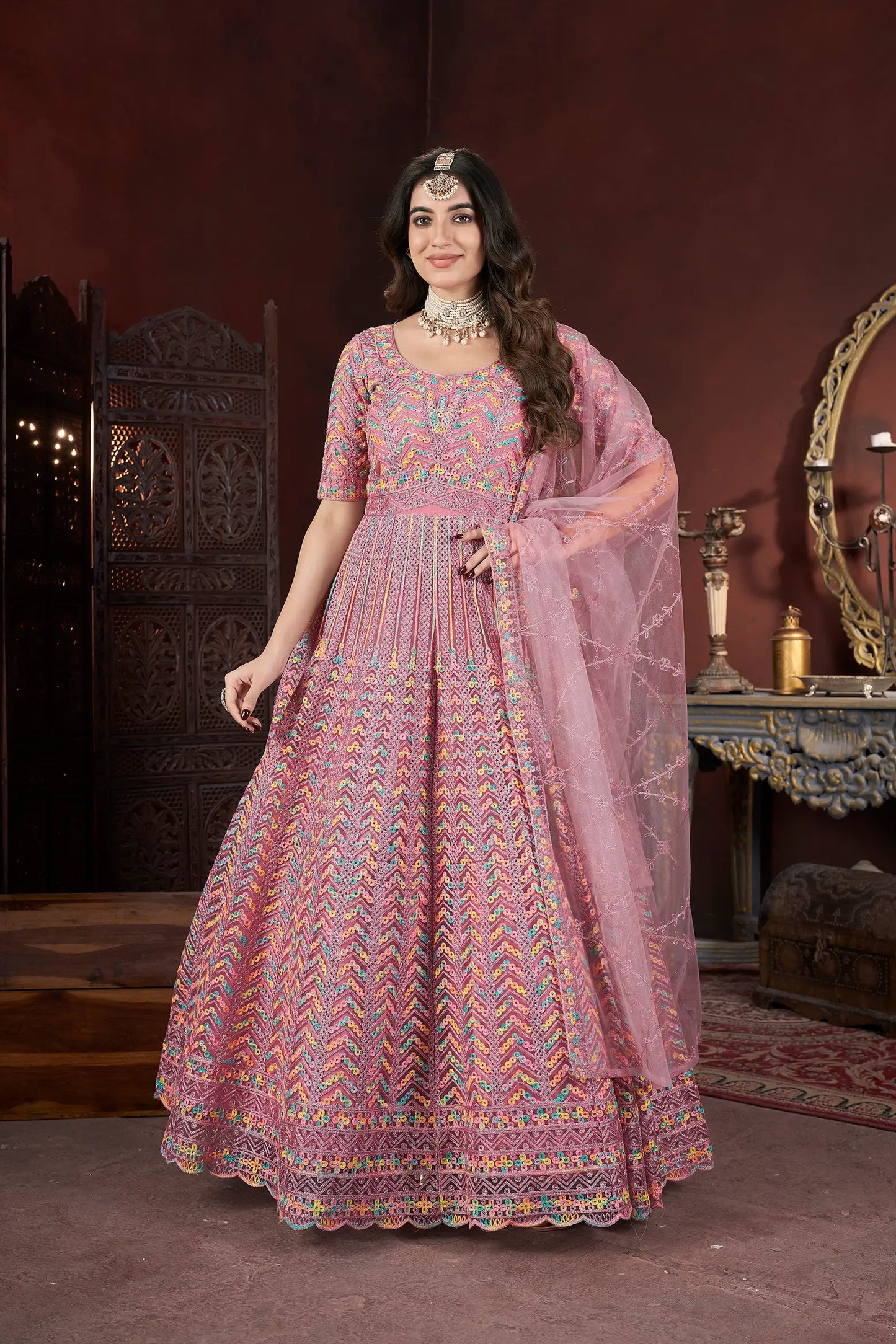 Peach Embroidery and Zarkan Ready To Wear Gown With Dupatta