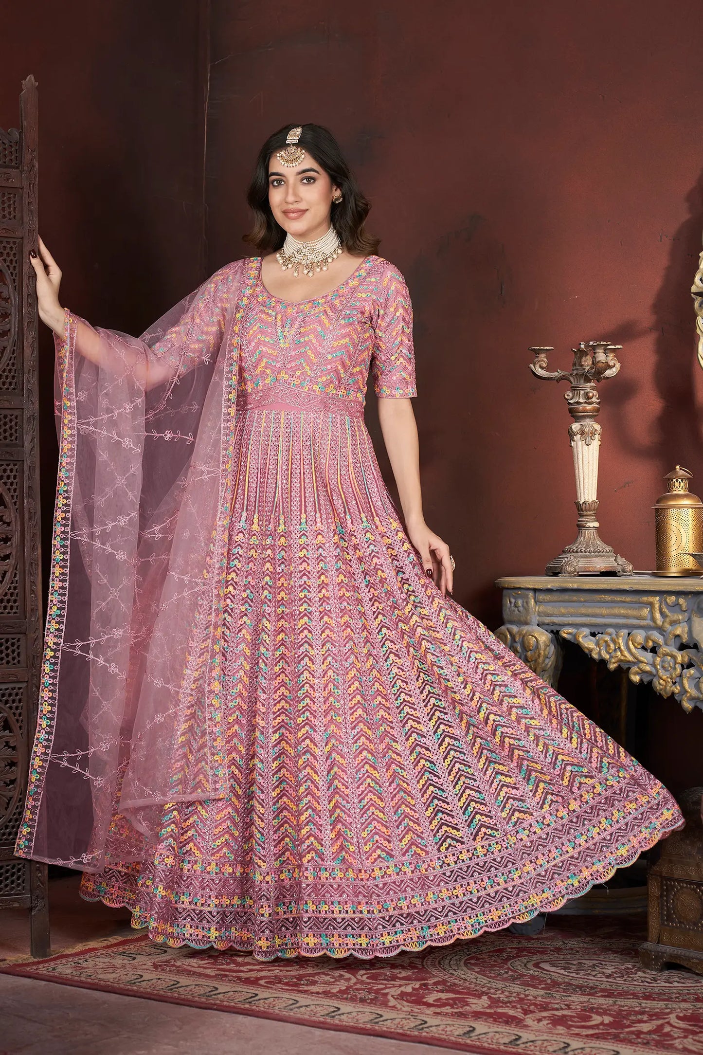 Peach Embroidery and Zarkan Ready To Wear Gown With Dupatta