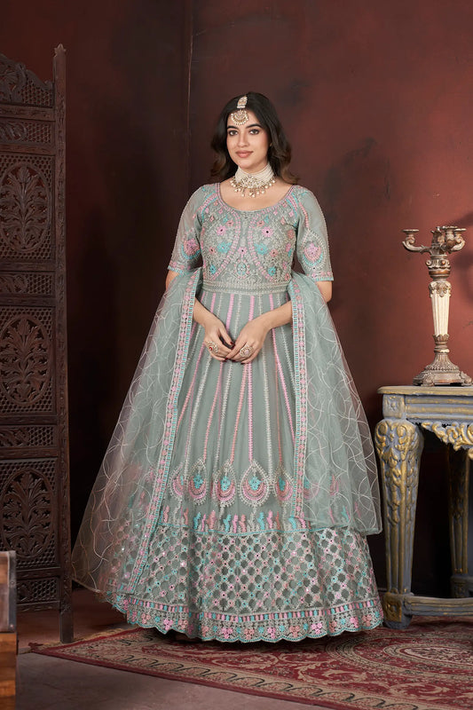 Pista Embroidery and Zarkan Ready To Wear Gown With Dupatta