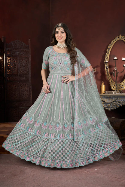 Pista Embroidery and Zarkan Ready To Wear Gown With Dupatta