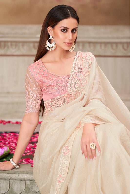 Pearl White Silk Party Wear Saree With Sequence & Thread Embroidery Work