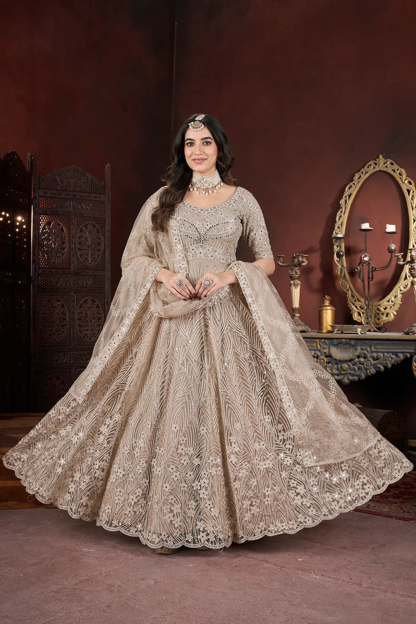 Beige Embroidery and Zarkan Ready To Wear Gown With Dupatta