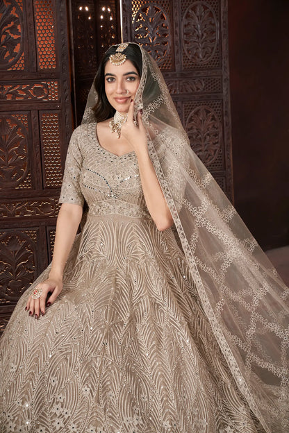 Beige Embroidery and Zarkan Ready To Wear Gown With Dupatta