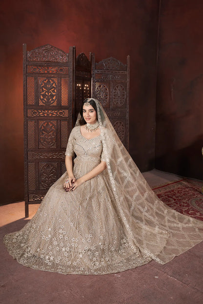 Beige Embroidery and Zarkan Ready To Wear Gown With Dupatta